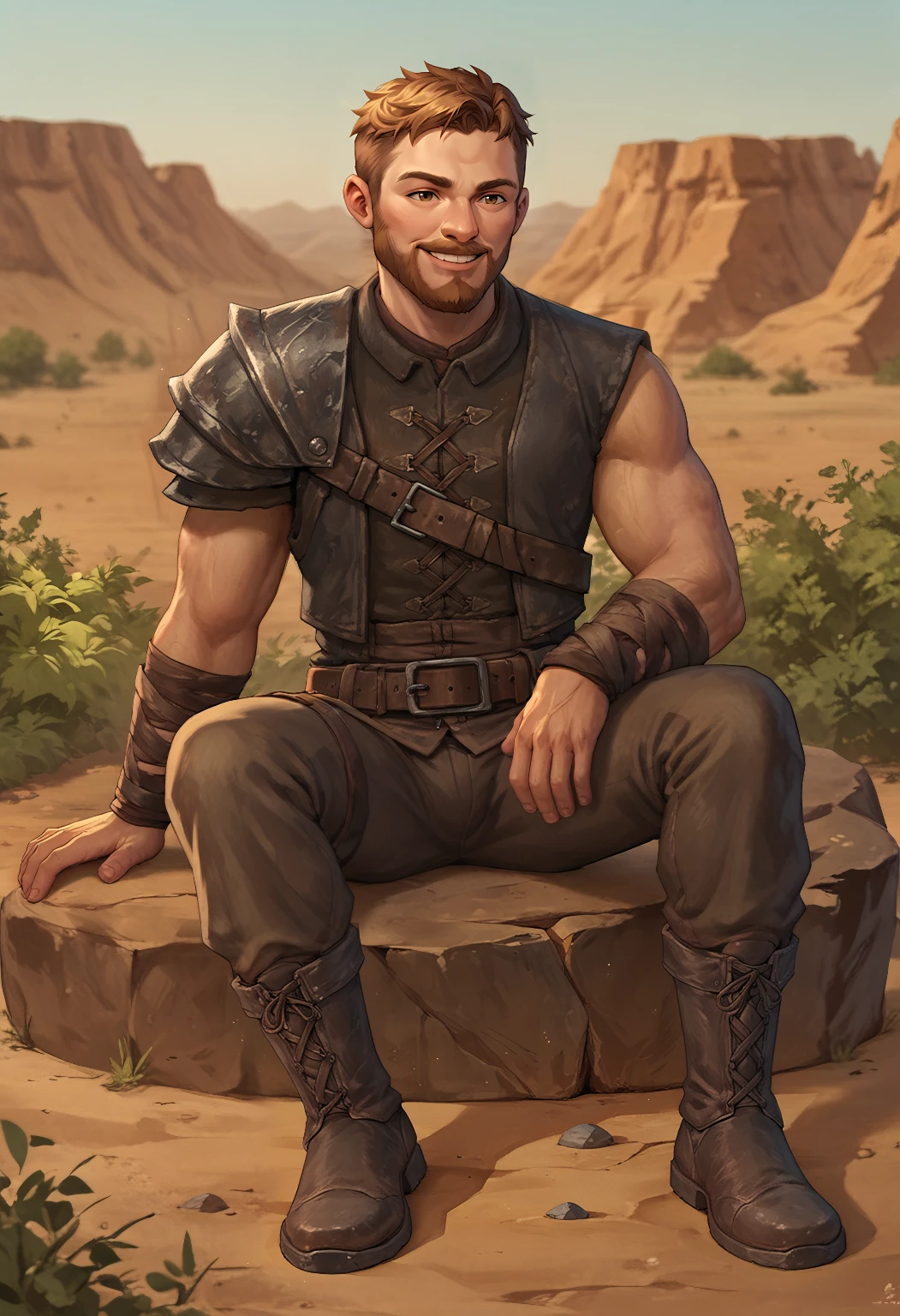 score_9_up score_8_up score_7_up, 

portrait, ((raised_eyebrows)), happy, young man, asherforrester, beard, vest, smiling, amused expression, teeth,

desert canyon background, shrub