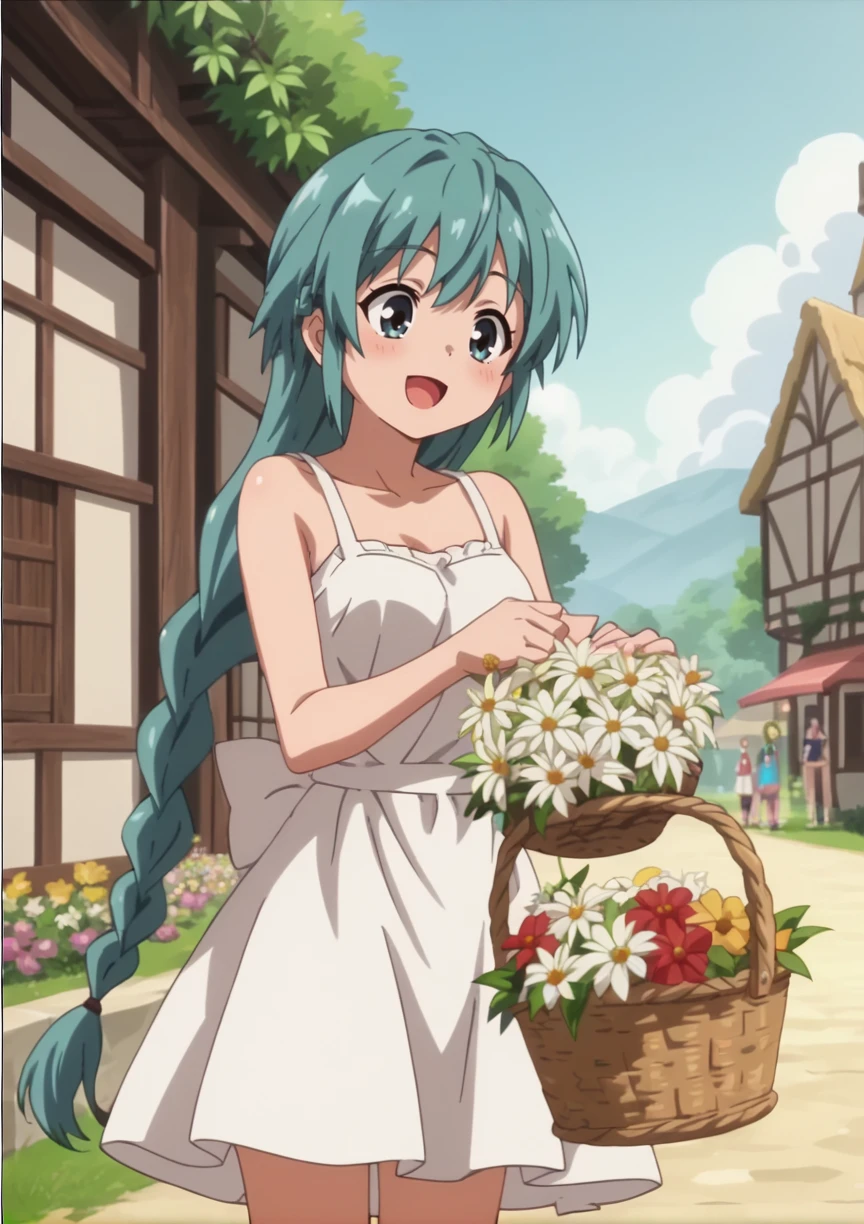 1girl, long hair, aqua hair, aqua eyes, braid, sundress, apron, basket, flowers, holding flowers, outdoors medieval town, standing, smile, open mouth, anime screencap  <lora:Mirim_Queens_Blade_Rebellion_XL:1>, score_9, score_8_up, score_7_up, score_6_up, score_5_up, score_4_up, BREAK source_anime, masterpiece