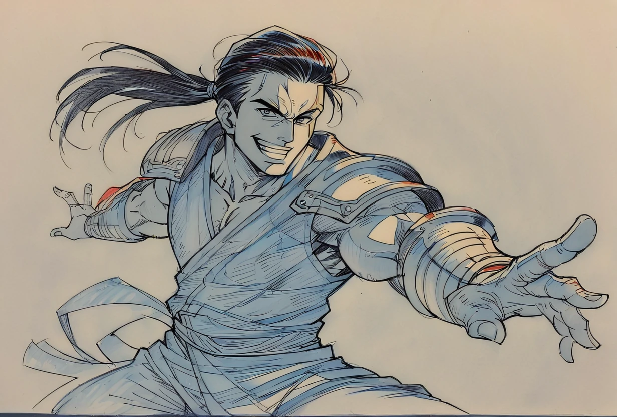 score_9, score_8_up, score_7_up, warrior, samurai, shoulder armor, muscular male, traditional clothes, cool, from side, epic pose, muscular, evil smile, splash art, ponytail, long black hair, pants, looking at viewer, cowboy shot, dynamic pose, smile, cute, wide shot, solo, dutch angle, simple background,
<lora:KeyFrameXLP_Style:1>KeyFrameXLP, color trace, traditional media, sketch, colored pencil (medium), txt, keyframe,