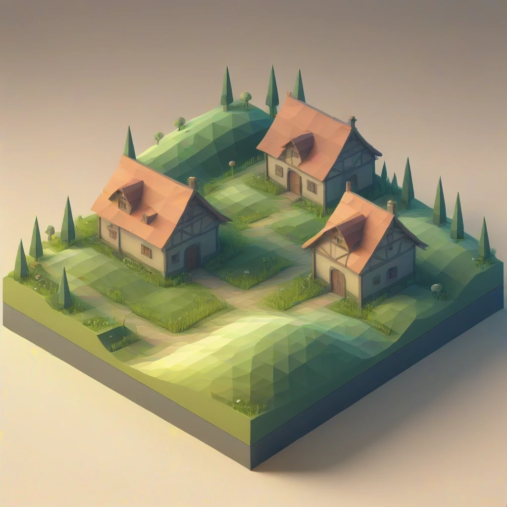 isometric, low poly, grass, medieval house, horses, <lora:isometric_lowpoly_XL:1>