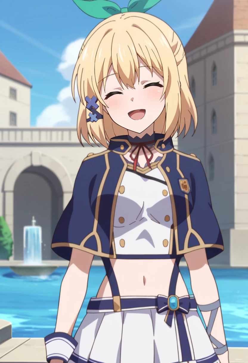 score_9, score_8_up, score_7_up, source_anime,
<lora:Rokuaka_RumiaTingelXL:0.8>, RumiaTingel,
1girl, solo, open mouth, smile, light blush,
blonde hair, closed eyes, medium hair, green ribbon, hair ornament,
RumiaSchool, asymmetrical clothes, blue capelet, choker, red ribbon, white shirt, crop top, garter straps, white skirt, blue thighhighs, buttons, short sleeves, navel, single wrist cuff, single glove,
standing, looking at the viewer, head tilt,
outdoors, medieval, fantasy, city, fountain, blue sky, sunlight