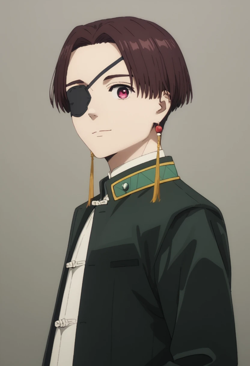 score_9, score_8_up, score_7_up, masterpiece, best quality, amazing quality, best aesthetic, ,absurdres, ,cute, solo,Hayato Suo, brown hair, red eyes, eyepatch, earrings, green chinese clothes<lora:EMS-371731-EMS:1.000000>