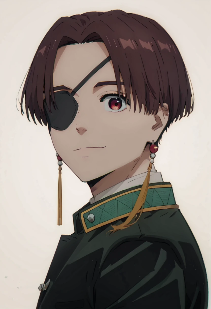 score_9, score_8_up, score_7_up, masterpiece, best quality, amazing quality, best aesthetic, ,absurdres, ,cute, solo,Hayato Suo, brown hair, red eyes, eyepatch, earrings, ((red tangzhuang, black pants))<lora:EMS-371731-EMS:1.000000>