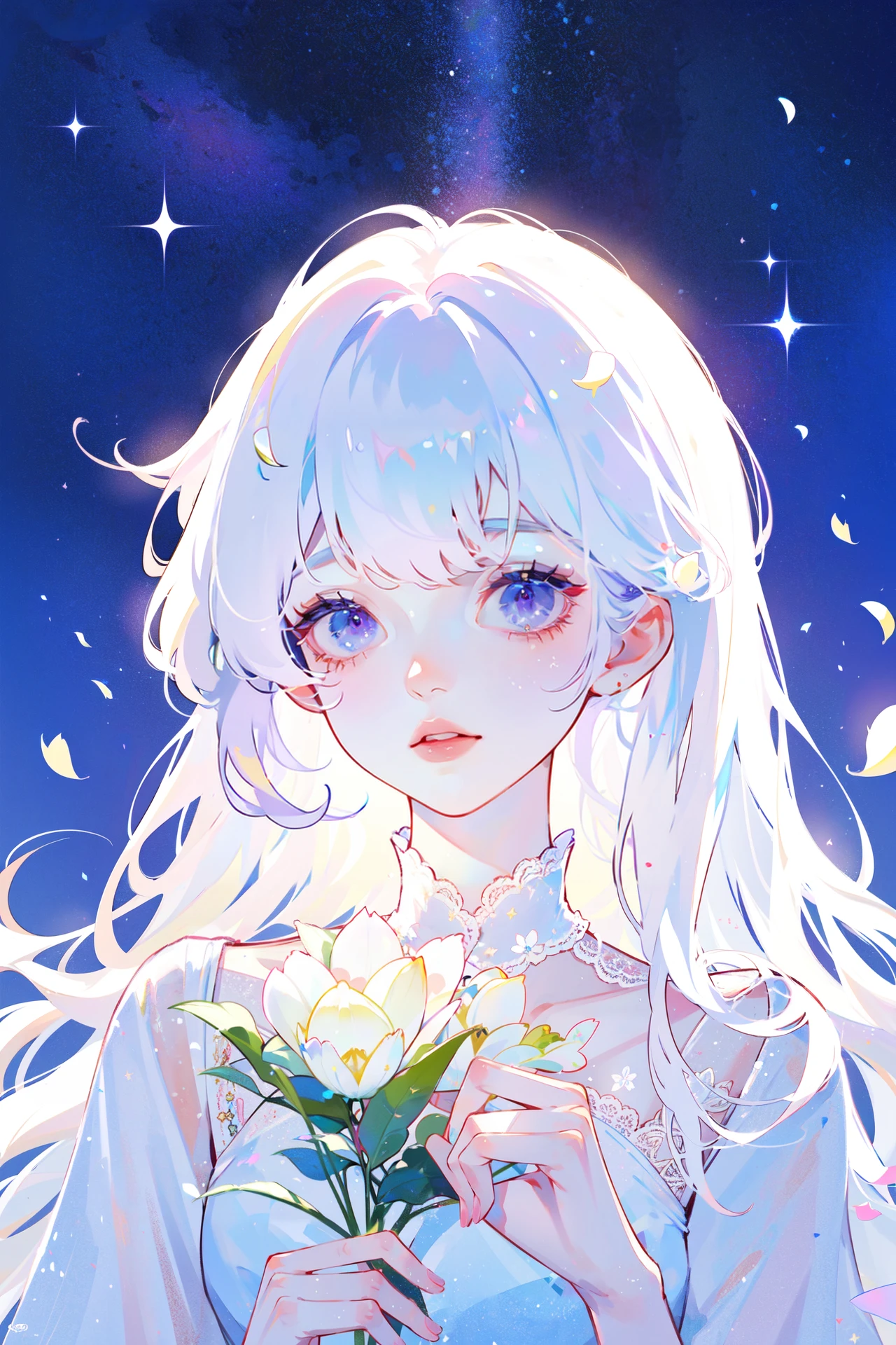 ((best quality, masterpiece, absurbres, super-resolution))1girl, White flower garden, Starry night, white hair, White lace dress, Subsurface Scattering, soft atmosphere lighting