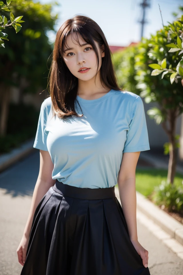 1girl,solo,brown hair,skirt,shirt,blue shirt,floral print,looking at viewer,brown eyes,short sleeves,lips,striped,striped shirt,
best quality,masterpiece,illustration,Amazing,finely detail,masterpiece,official art,incredibly absurdres,huge filesize,ultra-detailed,highres,extremely detailed,beautiful detailed girl,realistic,outdoors,,<lora:Tano Yuu_20240522140103:0.8>