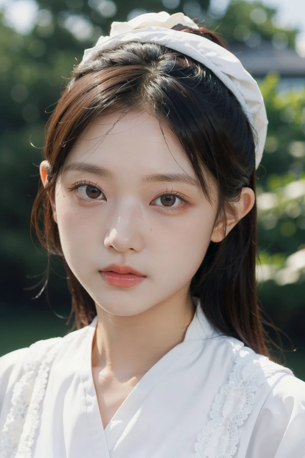masterpiece,best quality,realisic skin details,portrait,upper body,cute girl,looking to the viewer,asian,pale skin,beautiful,simple background,looking at viewer,white outfit, haerin,<lora:Haerin-01:1.0>,