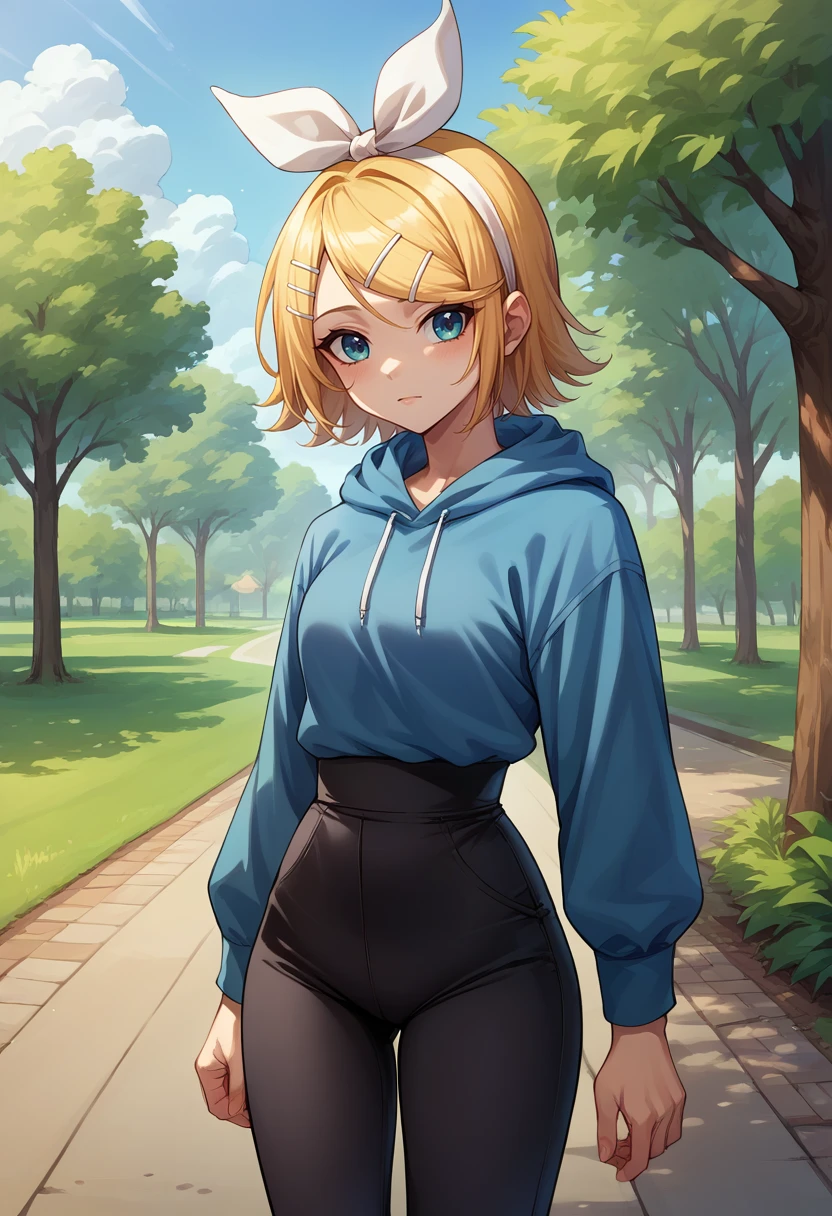 score_9, score_8_up, source_anime, 1girl, solo, KagamineRin, short hair, hairclip, white hairband, hair bow, outdoors, park, blue hoodie, high-waist pants, yoga pants, black pants, light blush, <lora:ChamKagamineRinPonyXL:1>