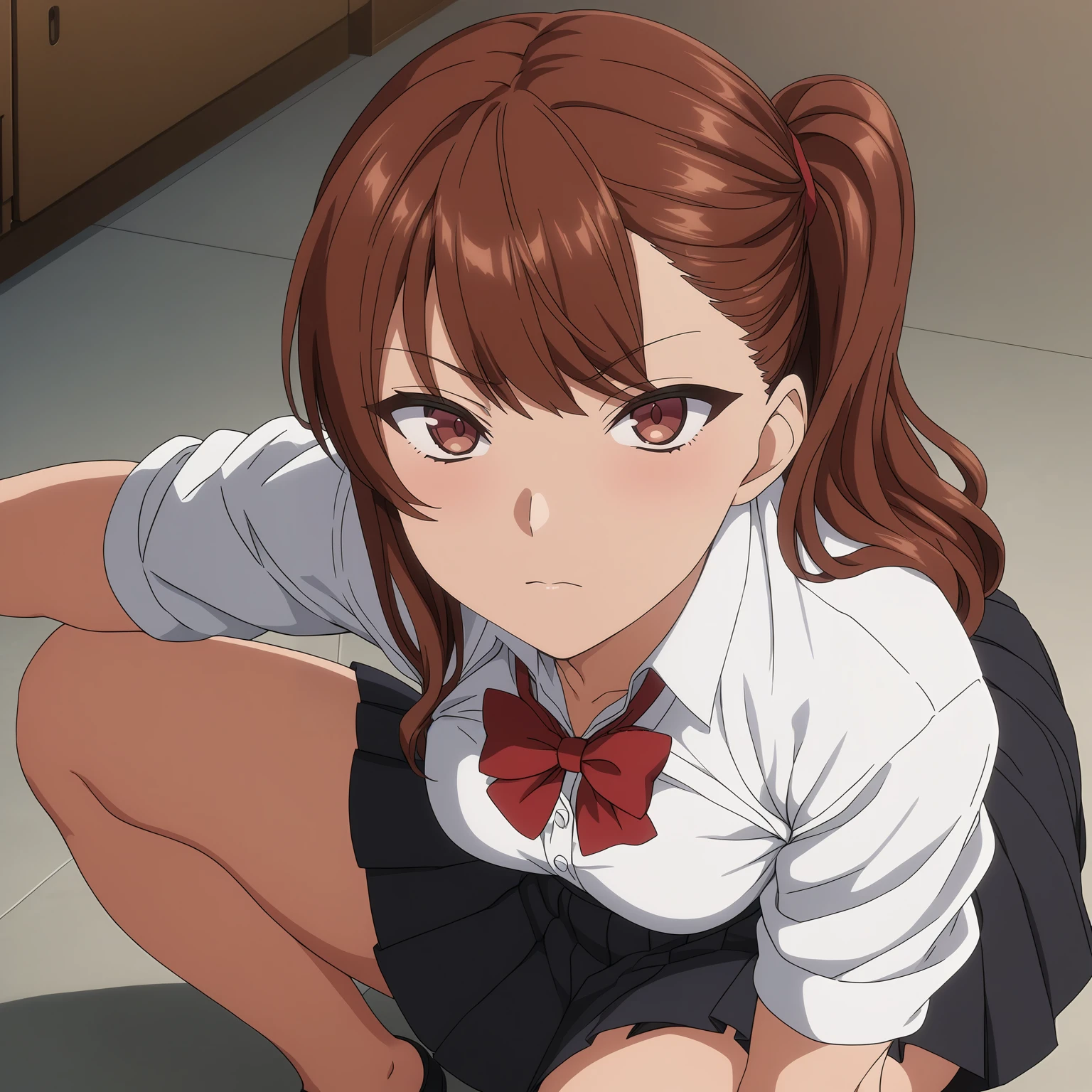 <lora:IzumiNogamiXL001>,
looking at viewer,
solo,
anime screencap,
best quality,masterpiece,brown eyes,
IzumiNogami,1girl,brown hair,Side ponytail,
white shirt,red bowtie,
pleated_skirt,black skirt,
squatting,