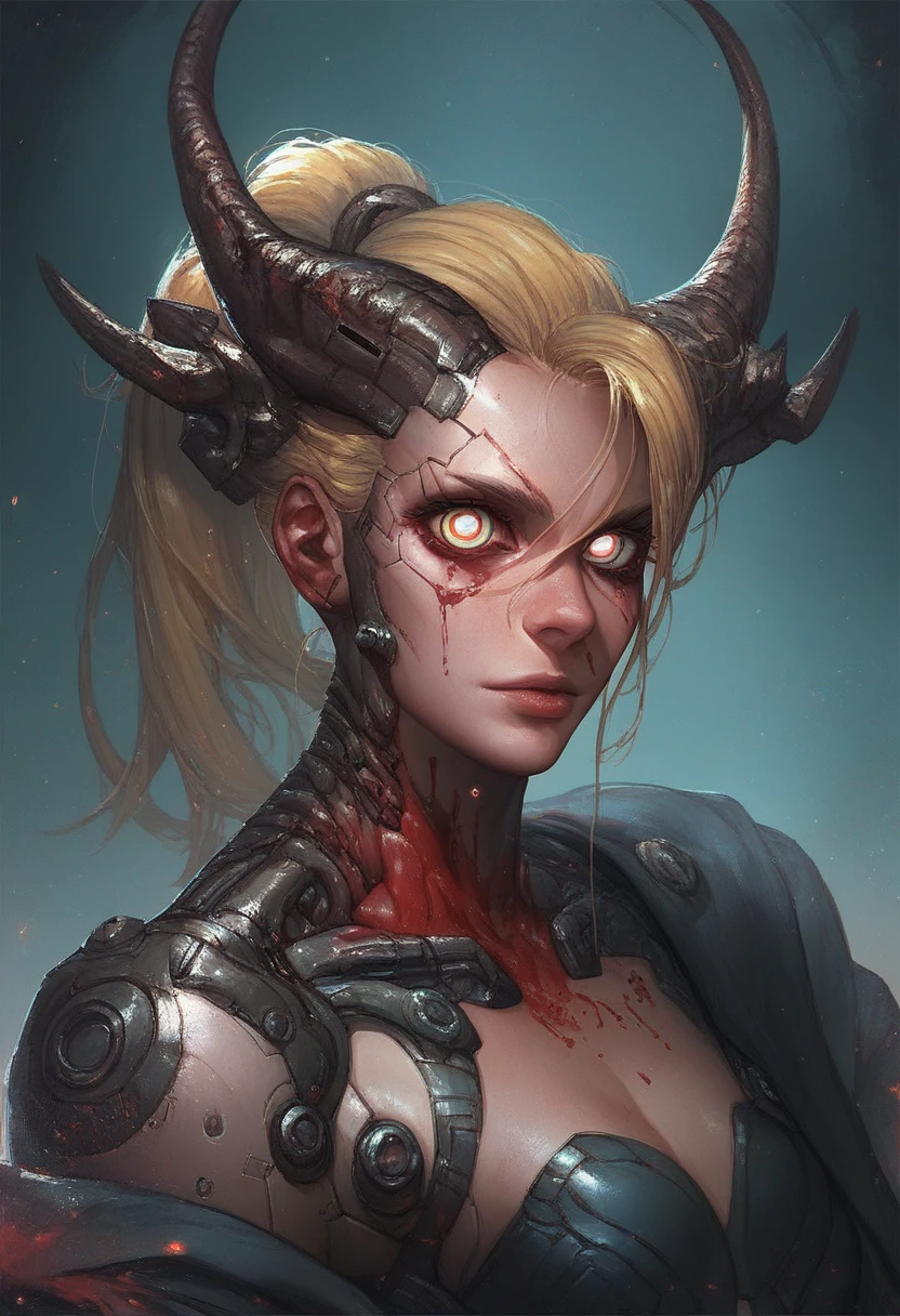 score_9, score_8_up, score_7_up,<lora:kyuyong:1> kyuyongeom, metal horns, 1girl, solo, cyberpunk, cyborg, looking at viewer, ponytail, bloody eyes, liquid blood under eyes, blonde hair,