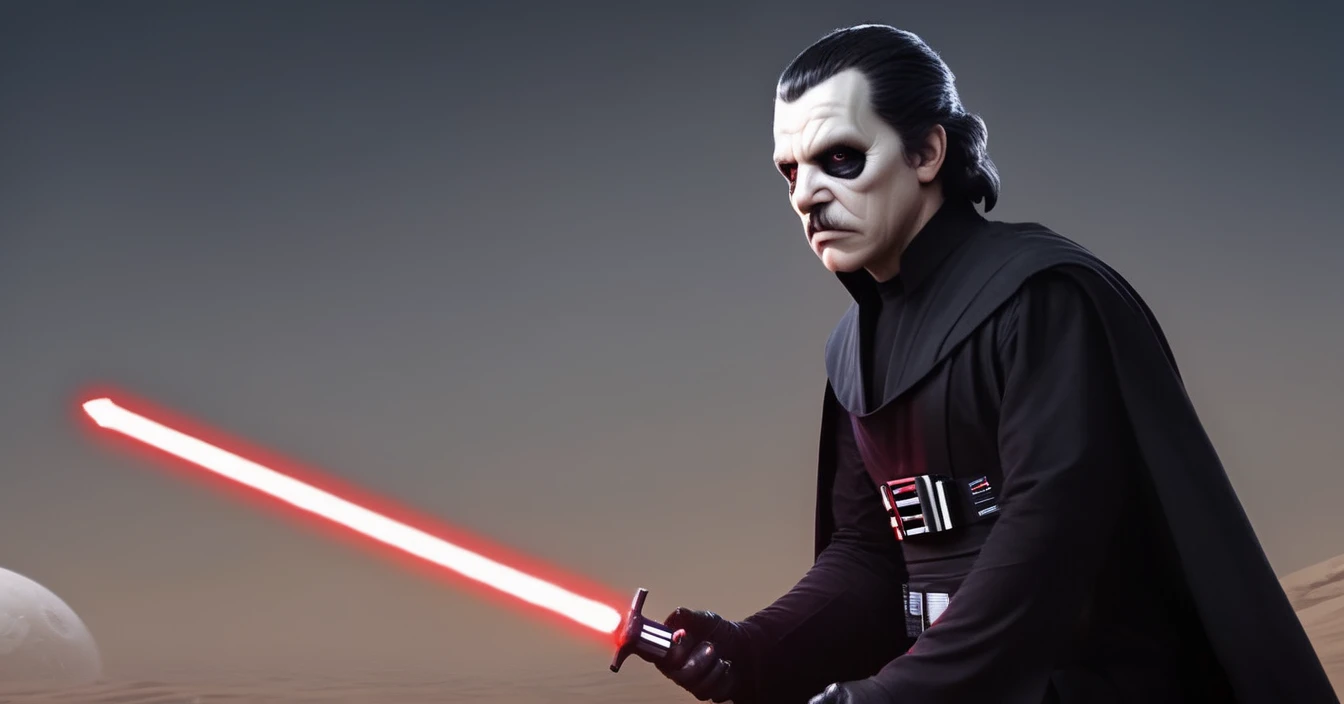 CardinalC, fullbody, black hair, male focus, facepaint, mustache, white sclera, sith lord, sith clothes, hold a lightsword, star wars, dark planet , outside