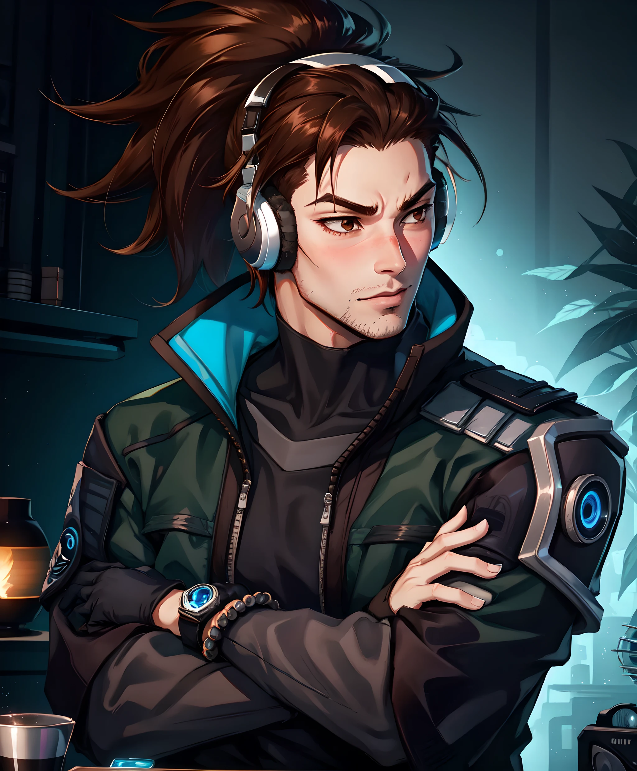 solo, looking away, sharp lighting, dramatic, vibrant, 8k hdr, dslr, (best quality), (masterpiece), <lora:Yasuo_TD-10 (1):0.7>,yasuo td, brown hair, gloves, 1boy, brown eyes, jewelry, jacket, male focus, solo focus, black gloves, fingerless gloves, bracelet, black jacket, headphones, green jacket, ponytail, crossed arms, blush
samurai, mature male, stubble, scar on face,