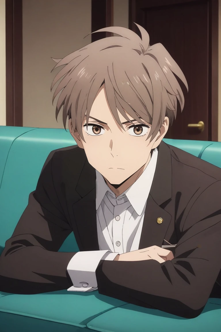 score_9, score_8_up, score_7_up, source_anime, rating_safe, intricate details, anime screencap, , , , , 1boy, solo, male focus, <lora:haru_katou_pony:0.92>, haru_katou, brown hair, brown eyes, short hair, rule of thirds, living room, couch, day, lying, on stomach, sad, butler costume, <lora:sdxl_lightning_8step_lora:1>