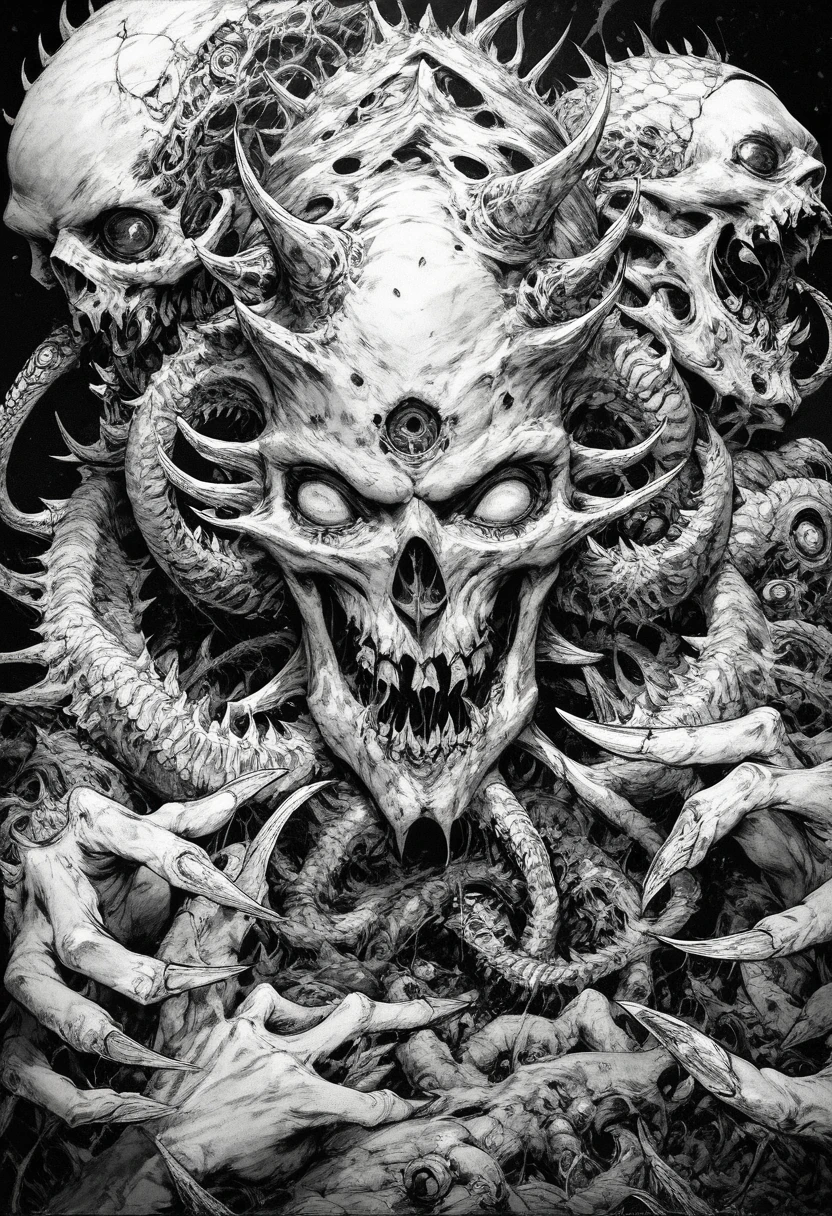 (score_9, score_8_up), score_7_up, zPDXL, open mouth, monochrome, greyscale, teeth, no humans, claws, monster, horror (theme), eldritch abomination <lora:GRIM_v1:0.9>