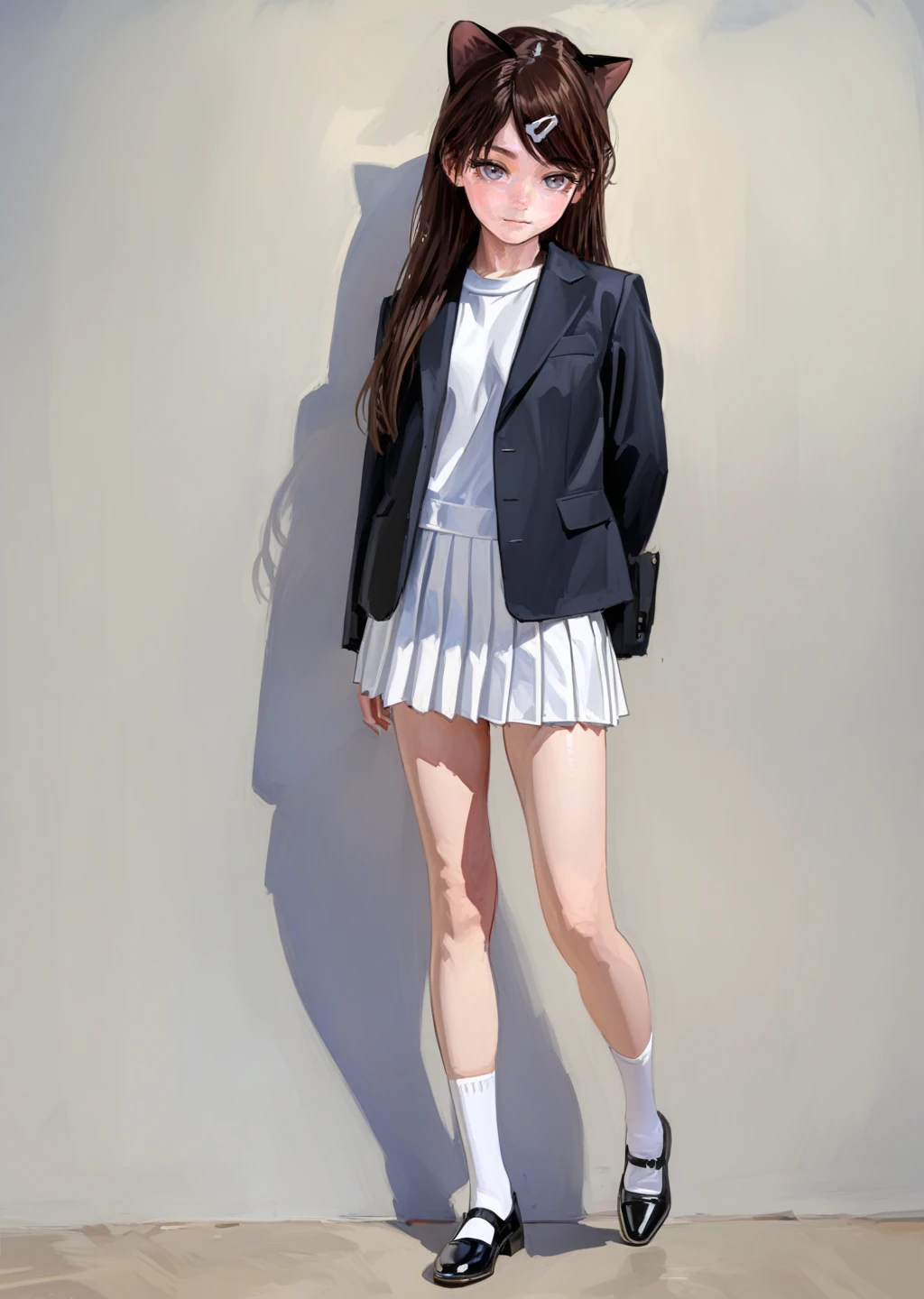 masterpiece,best quality,4K,8K,teenage,oil painting \(medium\),fkey70,
1girl,solo,arm behind back,arms at sides,looking at viewer,
standing,brown hair,black hair,
long hair,grey eyes,
hairclip,hair ribbon,
grey shirt,black jacket,open jacket,white pleated skirt,
cat ears,
bare legs,white socks,black mary janes,
simple background,
full body,