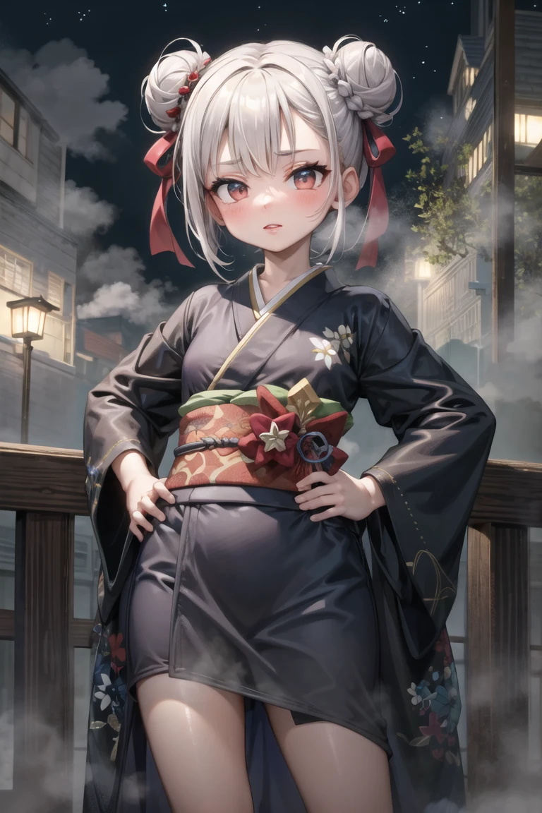 (masterpiece, best quality:1.2), 1girl, solo, cowboy shot,
on top of a building, at night, (heavy fog:1.3) and bright stars,
wearing a kimono,  hands on hips, 
lipstick, eyeshadow, (short hair:1.1), (double bun hair:1.1), (oily skin:1.1), 
<lora:dikk0-10:0.5:lbw=ALL>