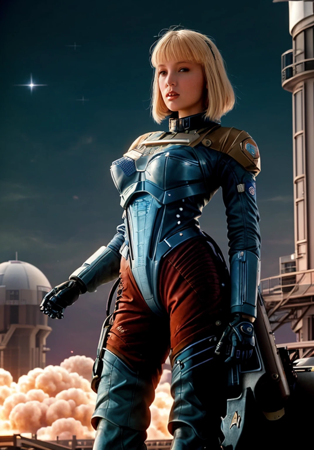 USA First in Space magazine cover photo, ultra modern space woman alicynster123 of the future from USA, Blonde hair, USA flag, on background of huge robot in Steampunk style, (full body space suit:1.3), in style of Fallout game, Manhattan Project, sci-if, classic sci-fi, pulp sci-fi over, nuclear tests, ultra realistic photo, flawless detail., high quality, absurdres, >, <lora:alicynster123:1>,