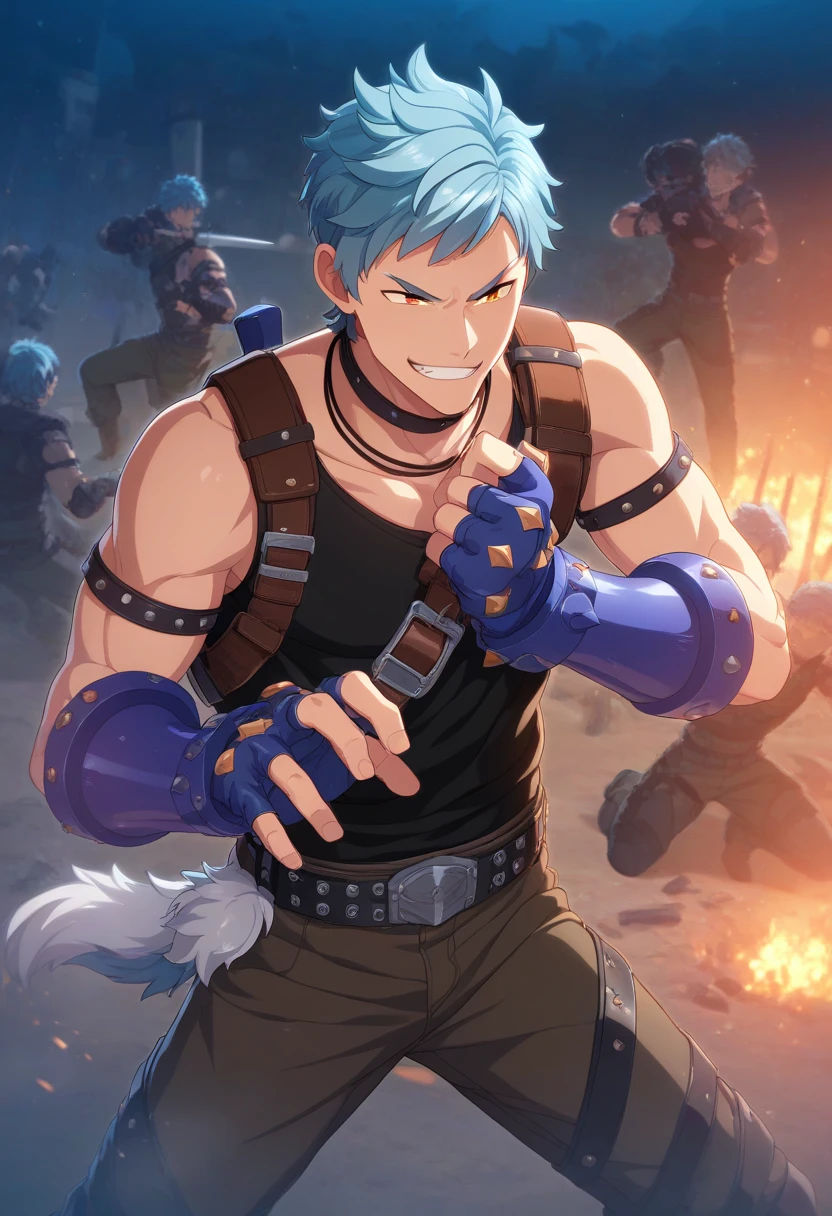 1boy, male focus,
<lora:Character_-_Helios_Rising_Heroes_-_Asch_Albright:1> asch, blue hair, orange eyes,
((zPDXL)), score_9_up, score_8_up, score_7_up, score_6_up, score_5_up, score_4_up, best quality, amazing quality, best aesthetic, absurdres, year2023, nsfw, game cg, official art, official style, anime screencap,
outdoor, black tank_top, fingerless gloves, belt, brown pants, belt, night, belts, smirk, fighting stance, battlefield,