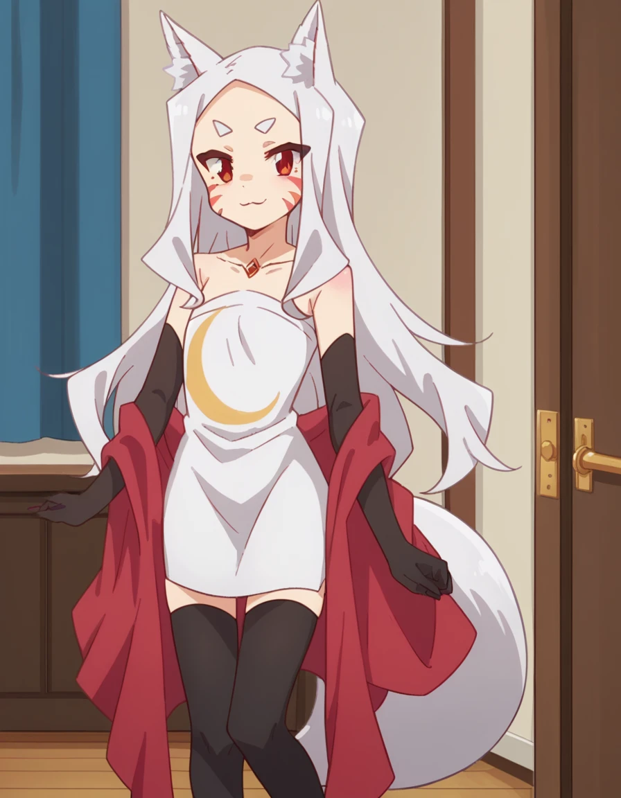 score_9, score_8_up, score_7_up, source_anime,
kitsuneshiro, <lora:kitsune-shiro-s1-ponyxl-lora-nochekaiser:1>,
shiro, long hair, red eyes, animal ears, tail, animal ear fluff, fox ears, fox tail, facial mark, thick eyebrows, fox girl,
thighhighs, gloves, dress, bare shoulders, jewelry, collarbone, black gloves, elbow gloves, black thighhighs, white dress, strapless, strapless dress, shawl,
indoors, smile,
cowboy shot, looking at viewer, solo,