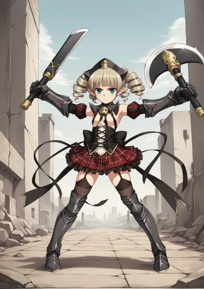 1girl, ymir, aqua eyes, brown hair, twintails, pointy ears, twintails, drill hair, black dress, detached collar, detached sleeves, puffy sleeves, hat, suspenders, corset, Checkered Skirt, frills, black armor, gauntlets, black gauntlets, thighhighs, garter straps, boots, black footwear, full body, outdoors, ruins, dual wielding, axe, dynamic pose, cowboy shot, fighting stance, close-up <lora:EilinYmir_Queens_Blade_Rebellion_XL:0.8>, score_9, score_8_up, score_7_up, score_6_up, score_5_up, score_4_up, BREAK source_anime, masterpiece