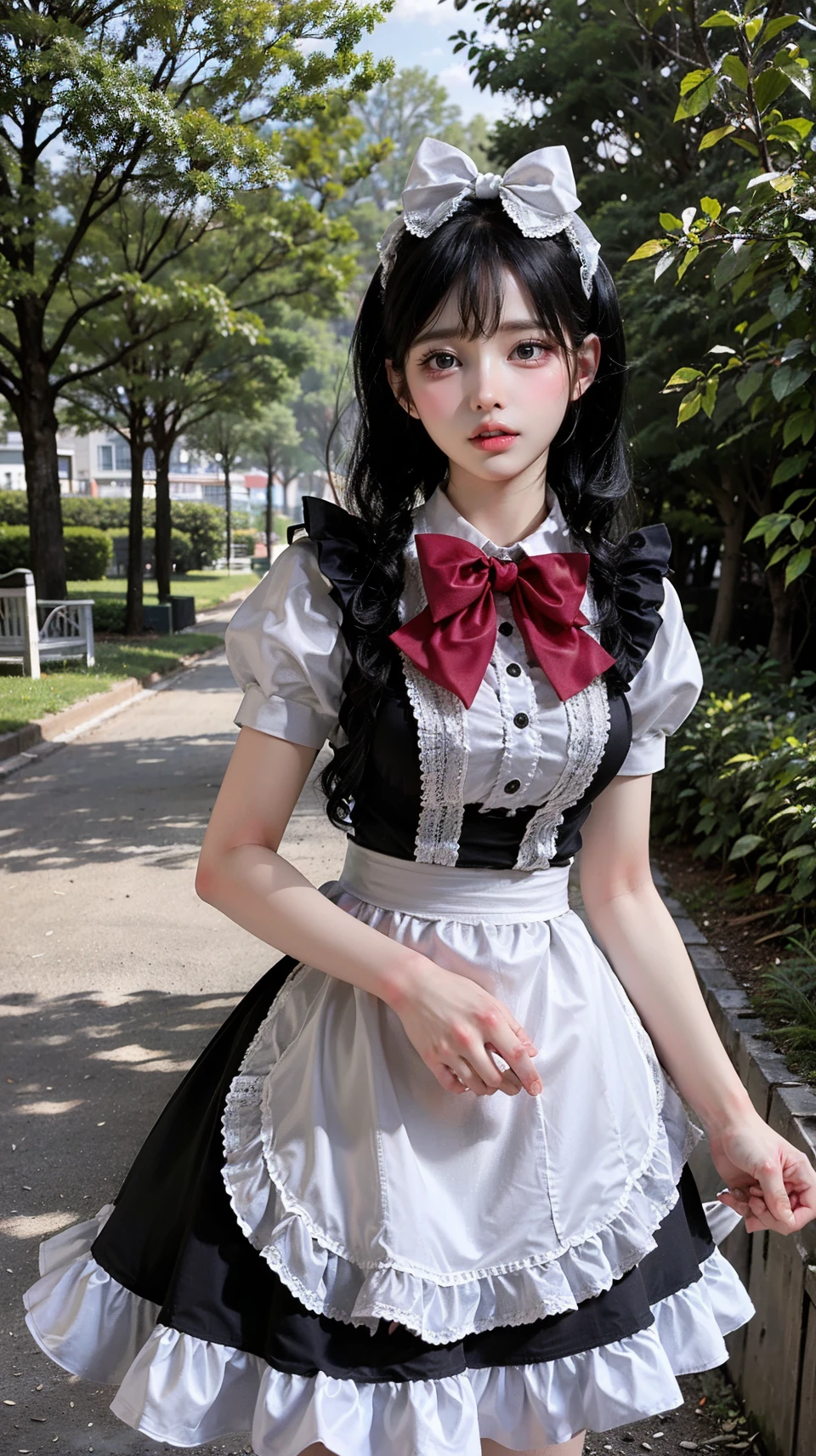 (masterpiece,best quality:1.2),bright colors,solo,photo_,(1girl:1.3),(standing:1.3),(looking at viewer:1.4),Elegant,detailed gorgeous face,(cowboy shot:1.1),realistic,,MIS,maid dress,bow,park background,nature,plant,<lora:MIS60:0.75>