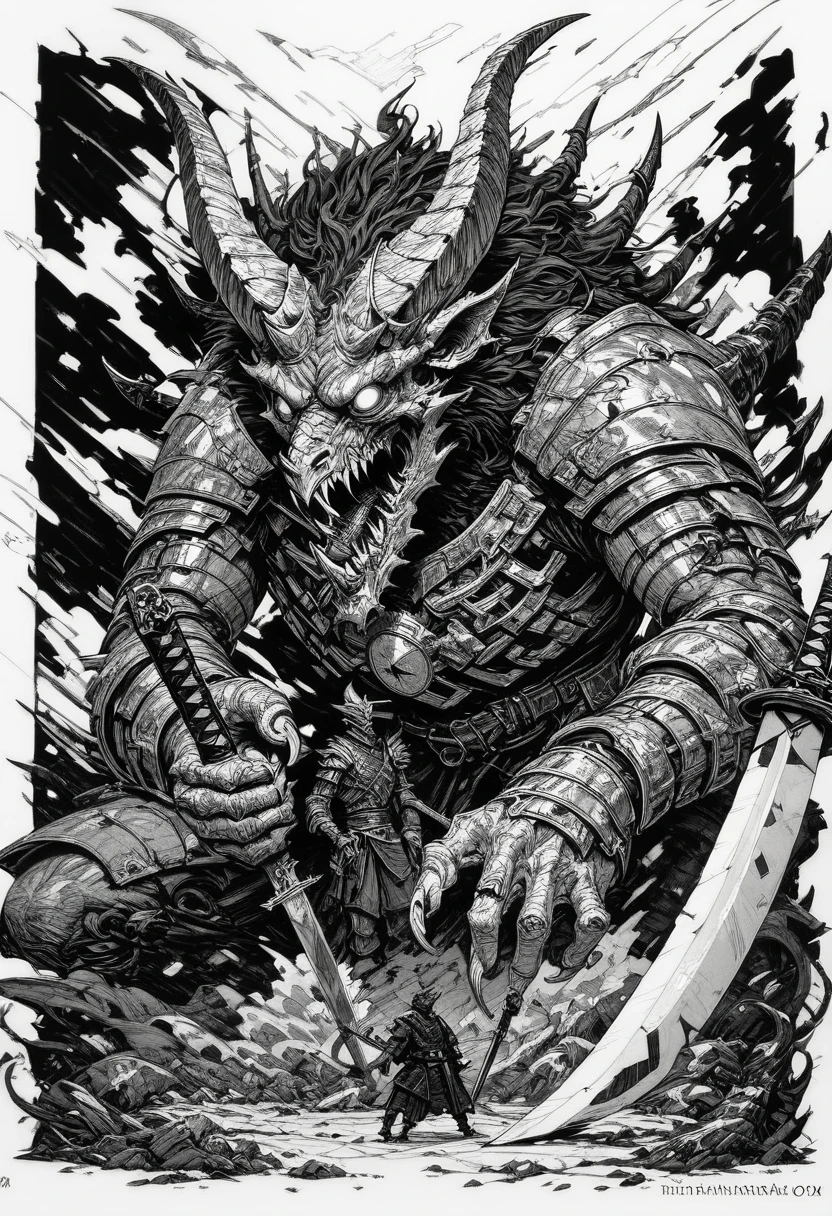 (score_9, score_8_up), score_7_up, zPDXL, open mouth, 1boy, holding, standing, monochrome, weapon, comic, greyscale, male focus, horns, teeth, sword, holding weapon, armor, english text, traditional media, holding sword, katana, sharp teeth, claws, 1other, monster, dragon, size difference, giant, blank eyes, extra eyes<lora:GRIM_v1:0.9>