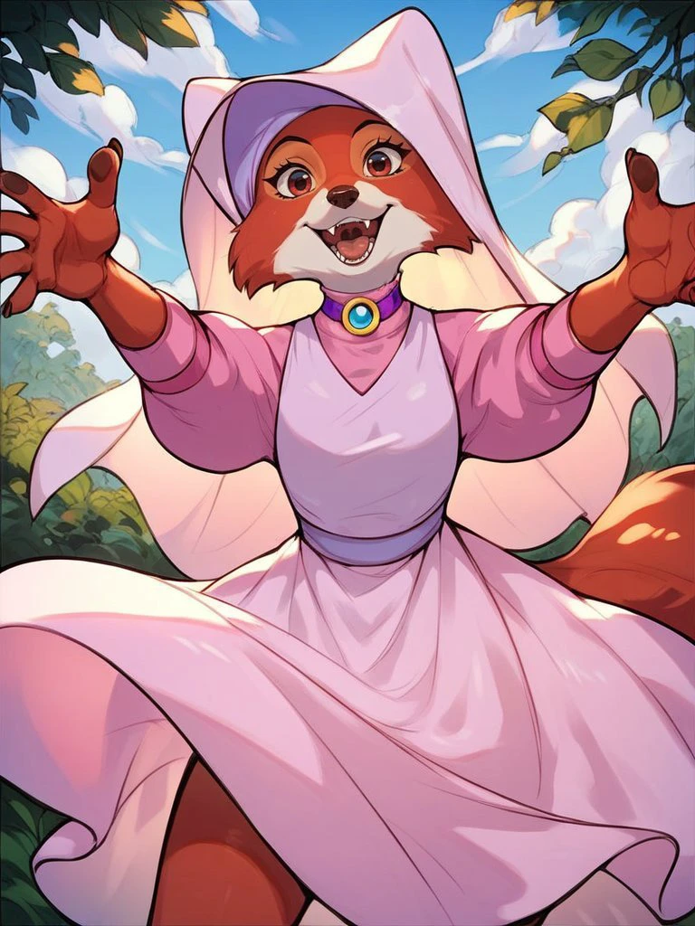 score_9, score_8_up, score_7_up, score_6_up, score_5_up,score_4_up
maid_marian, pink dress, pink headwear, red fur skin, red eyes, outstretched arms, reaching towards viewer, smile, fangs, hands, looking at viewer, 5 fingers, detailed face
<lora:Maid_Marian_XL-000002:0.7>