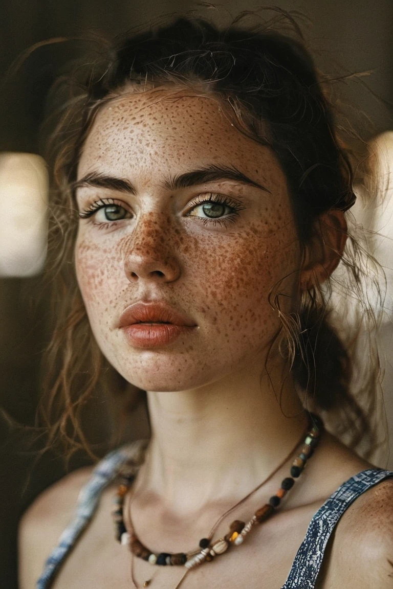 This is a portrait of an individual with distinctive facial features and adornments, including white freckles on the forehead.<lora:potrait-woman-adafactor-step00000700:0.7>