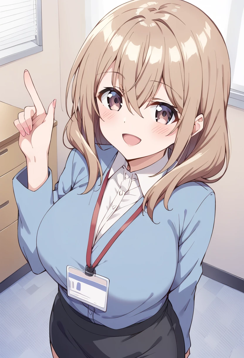 score_9, score_8_up, score_7_up, source_anime BREAK
katase shiori, 1girl, open mouth, solo, office lady, id card, looking at viewer, purple eyes, smile, lanyard, long hair, eyebrows visible through hair, white shirt, large breasts, pencil skirt, blush, hair between eyes, collared shirt, pink nails, black skirt, long sleeves, indoors, :d, brown hair, name tag, dress shirt, light brown hair, medium hair, blonde hair, fingernails, from above, suit, hand up, formal, brown eyes, blue shirt, index finger raised, shiny hair, office, shiny, sidelocks, standing, skirt suit, pointing, wing collar, grey hair, buttons, arm up, floor, blue sweater, grey eyes, arm behind back, looking up, business suit, blue cardigan
<lora:katase_shiori_sdxl_locon_pony_v1:0.7>