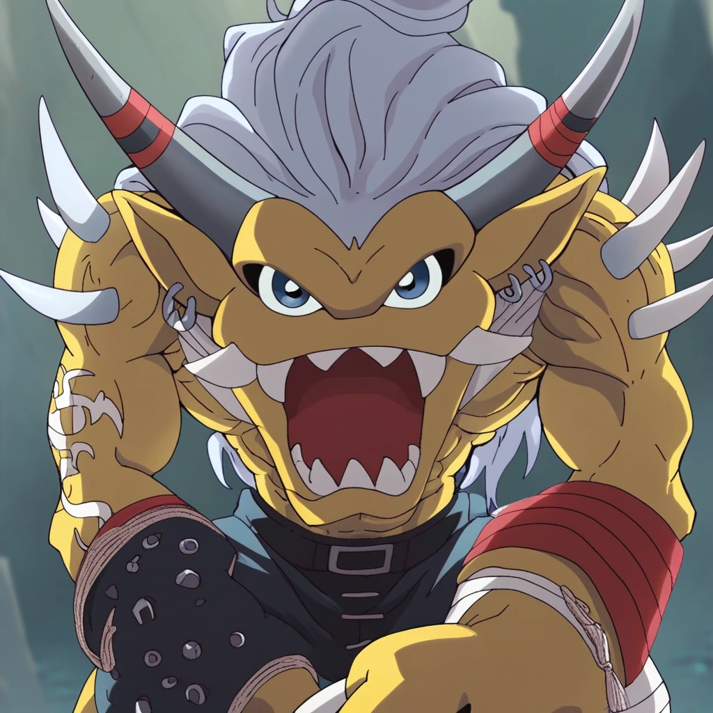 score_9, score_8_up BREAK Ogremon, digimon (creature), muscular male, large muscles, 1boy, solo, long white hair, spikes, tattoo, bracelets, bandages, loincloth, looking at viewer, open mouth, teeth