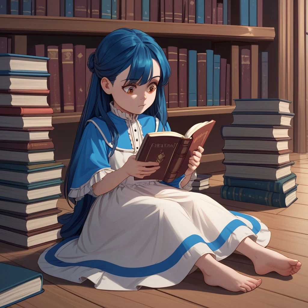 score_9, score_8_up, score_7_up, score_6_up, score_5_up, score_4_up, rating_safe, myne, blue hair, sitting on the floor, dress, barefoot, reading a book, surrounded by books