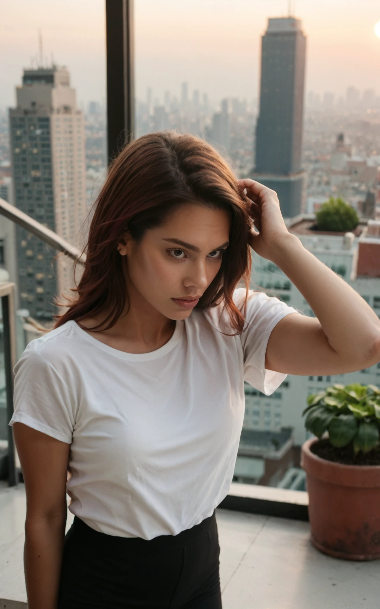 (score_9 score_8_up:0.7), sunset, chiaroscuro, film grain, photo, bokeh, rating_safe,
1girl, 20yo latina, solo, (angry:0.5),
posing,
black leggings, white baggy shirt,
small breasts, thin, brown gradient red hair, petite,
artificial lighting, dimly lit,
movement, motion blur,
luxurious hotel rooftop, above the city, skyline, potted plants,
<lora:da3_xtract_apoxlon_64:1> apoxlon