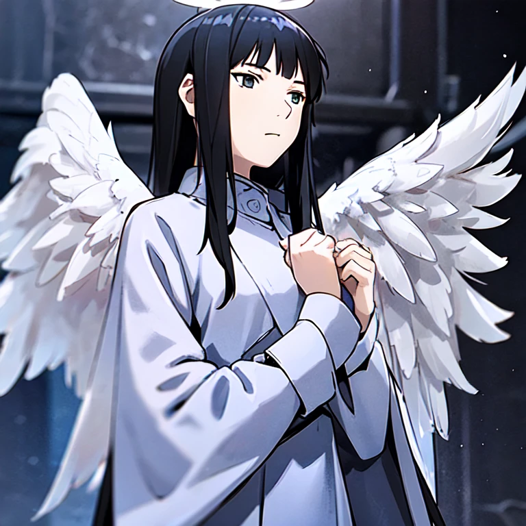 <lora:Reki:0.85>, 1girl, solo, long hair, black hair, halo, angel, angel wings, feathered wings