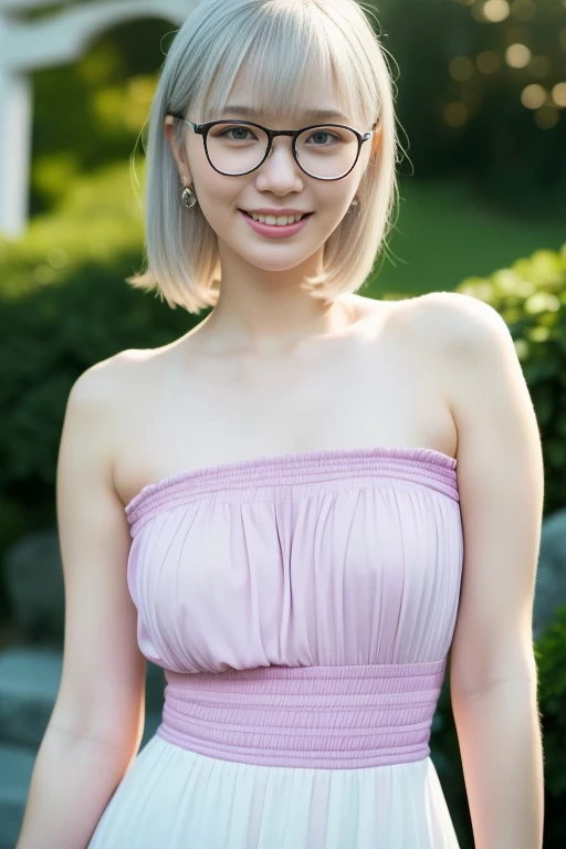 1girl,(RAW photo, best quality), (realistic, photo-realistic:1.4), masterpiece, an extremely delicate and beautiful, extremely detailed, 2k wallpaper, Amazing, finely detail, extremely detailed CG unity 8k wallpaper, ultra-detailed, highres, soft light, beautiful detailed girl, extremely detailed eyes and face, beautiful detailed nose, beautiful detailed eyes,cinematic lighting,perfect anatomy,slender body
wearing a purple peplum dress,blue skirt,(bokeh:1.2)
at a shrine,torii gate,tall stone stairs,(hydrangea flowers),cloudy
 <lora:hasegawakasumi_lora:0.7>smile,glasses (white hair:1.3)(bob haircut),(blunt bangs)