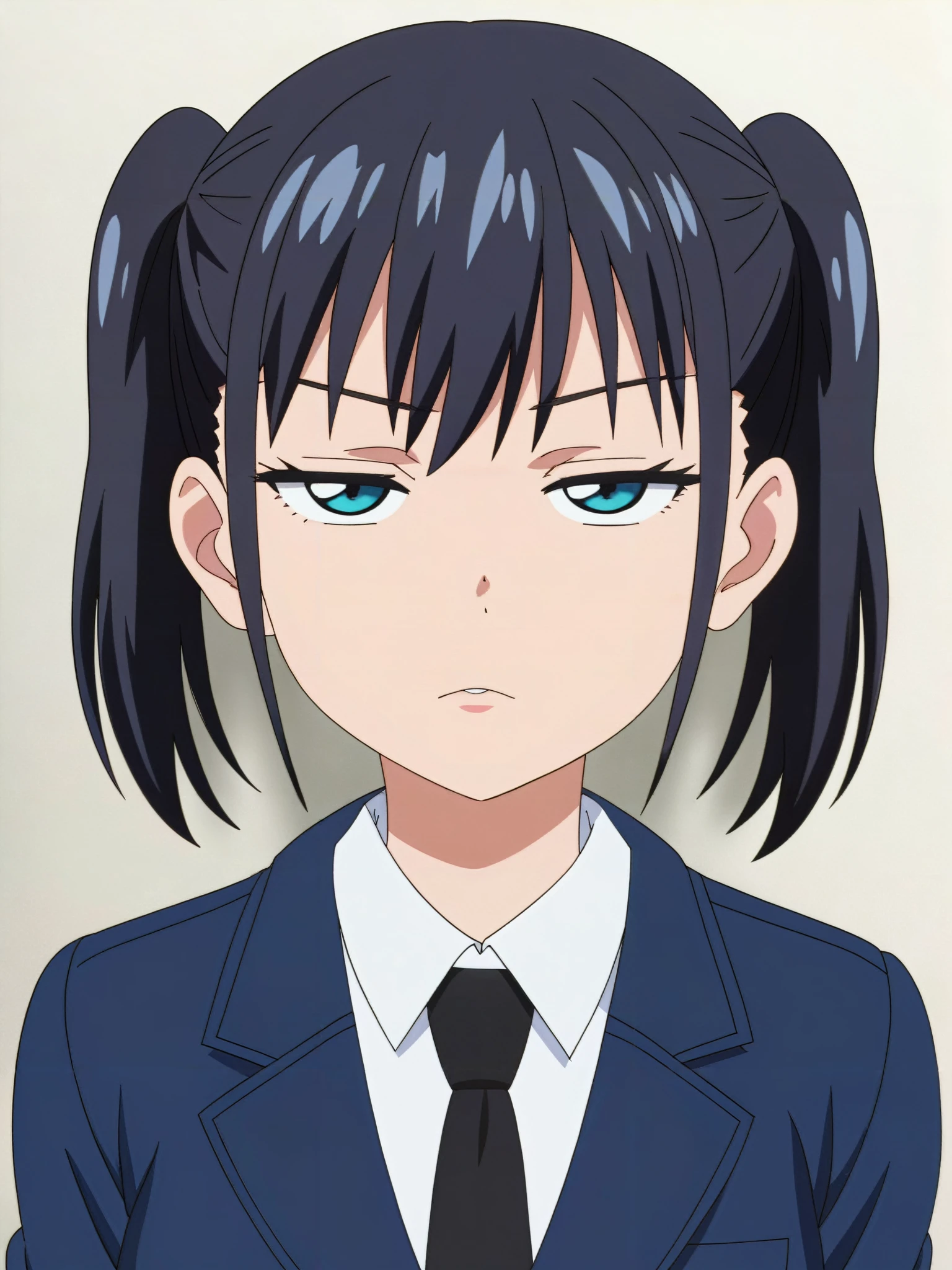 score_9,score_8_up,score_7_up,score_6_up,source_anime,
flat color,digital art,illustration,anime,line art,bright,vivid,
beautiful girl, junior,standing upright,
1girl,close-up shot,close up,Eyes Highlight, healthy skin,bright skin,pale skin,white skin,blush,
front view,from front,looking at viewer,moon face,round face,promotional,
black hair, black eyes, bangs, front bangs, up side twintail,pig tails,smooth hair, straight hair, cool tone,black business suit,jacket, black neck ties, tie, ties,
<lora:jitome_for_pony:0.7>jitome,hosome,half closed eyes, squinted eyes, narrowed eyes, narrow gaze,Straight gaze,
white background,simple background,
masterpiece,high quality,high resolution,high detail,
High brightness,Clear, crisp and sharp,
ID photo,anime screencap, <lora:MeMaXL_V3:0.8>mouth smile,opened mouth,wide opened mouth,big opened mouth,large mouth,frown eyebrows,