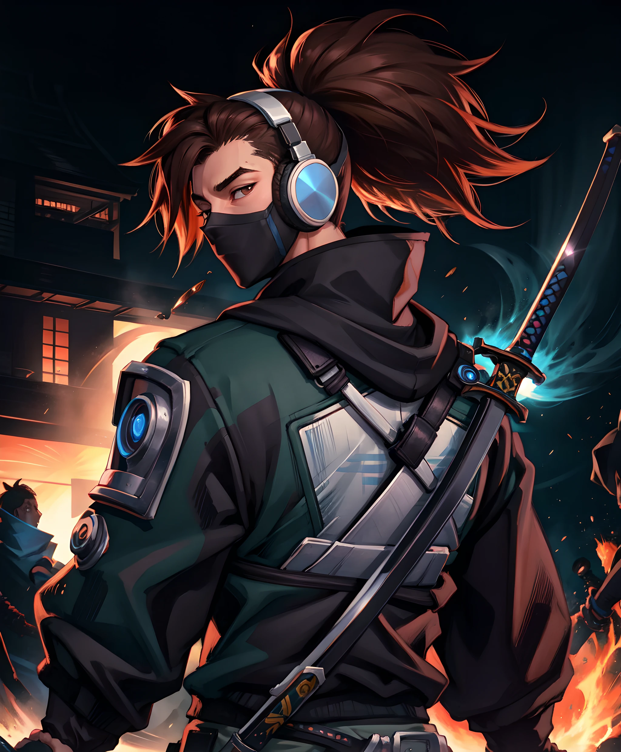 solo, looking away, sharp lighting, dramatic, vibrant, 8k hdr, dslr, (best quality), (masterpiece), <lora:Yasuo_TD-10 (1):0.7>,yasuo td, long hair, brown hair, gloves, 1boy, jacket, ponytail, weapon, male focus, upper body, solo focus, sword, hood, fingerless gloves, from behind, mask, headphones, katana, sheath, sheathed, mouth mask, weapon on backs, samurai, mature male