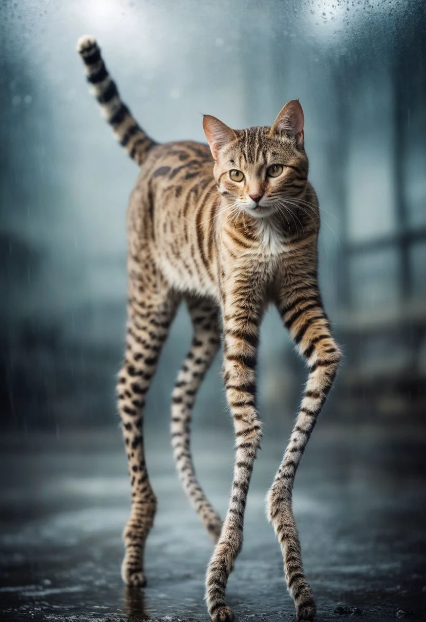 Highly detailed photo of an aggressive cat with ((Long legs:1.9)),  uhd, 8k, ultra realistic, sunny, high contrast, (cold colors), damp, moist, intricate details, shallow depth of field, [volumetric fog], cinematic lighting, reflections, photographed on a Canon EOS R5, 50mm lens, F/2.8, HDR, 8k resolution, cinematic film still from cyberpunk movie