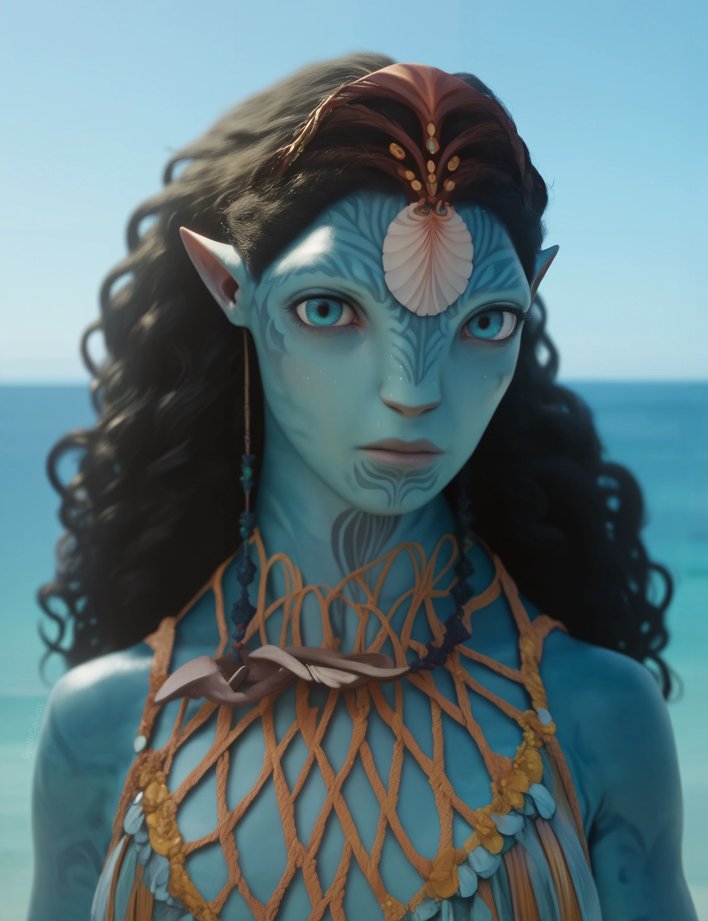 <lora:Ronal_Avatar-The_Way_of_Water_Test:1> Ronal, 1girl, solo, portrait, blue skin, face tattoos, ocean at the background, looking at the viewer, blue eyes, pointed ears, necklace, frontal view, beautiful female, black curly hair, score_9, score_8_up, score_7_up, score_6_up, score_5_up, score_4_up