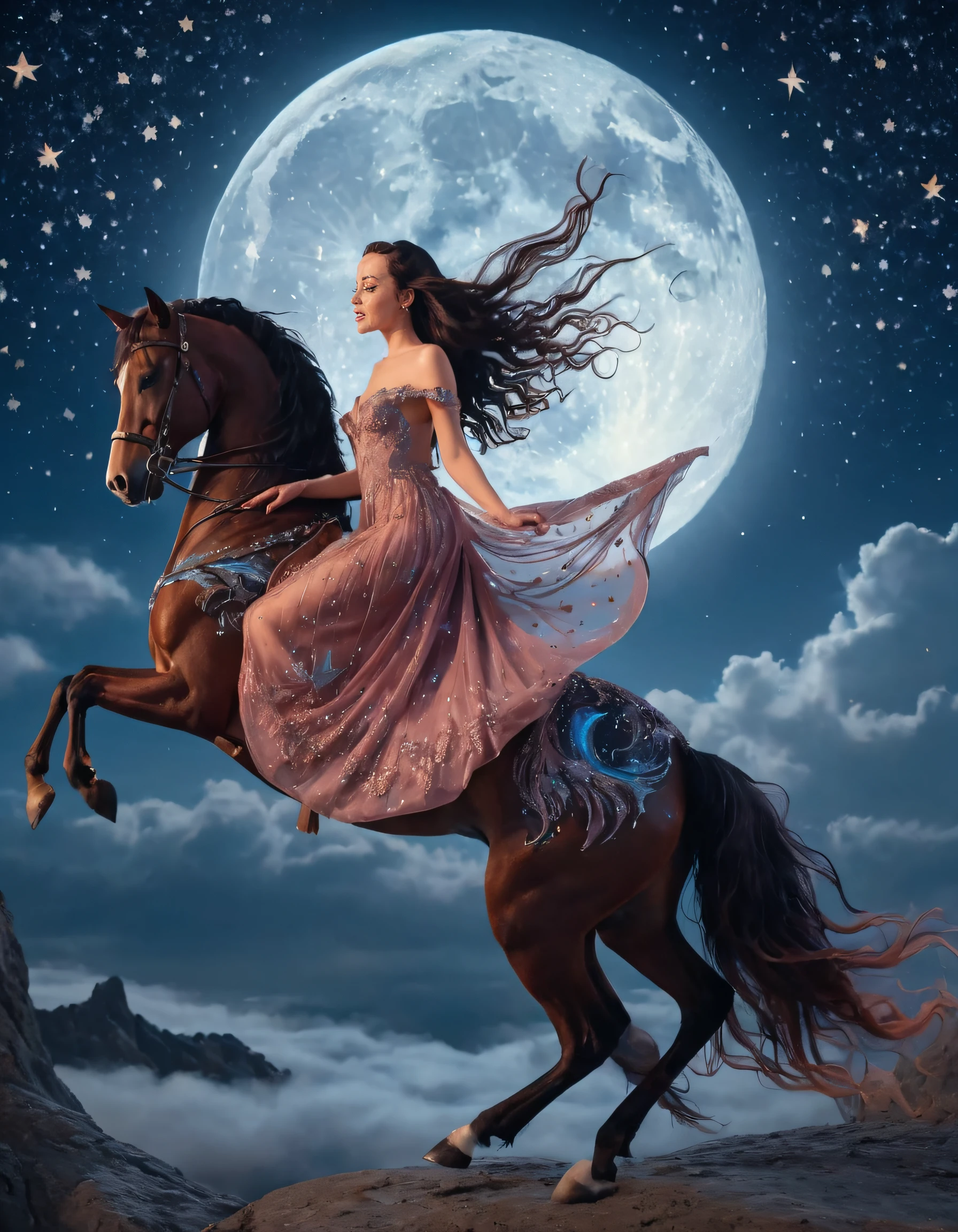 In this fantastical scene, Luna Roulette with her luscious locks flowing behind her, floats elegantly upon a magical winged steed, clad in a radiantly hued gown adorned with mesmerizing intricate details, as the celestial moon and mystic stars twinkle above them, casting a magical glow upon their surreal encounter. <lora:twglsx18f9c0eaebcl8a1:1>