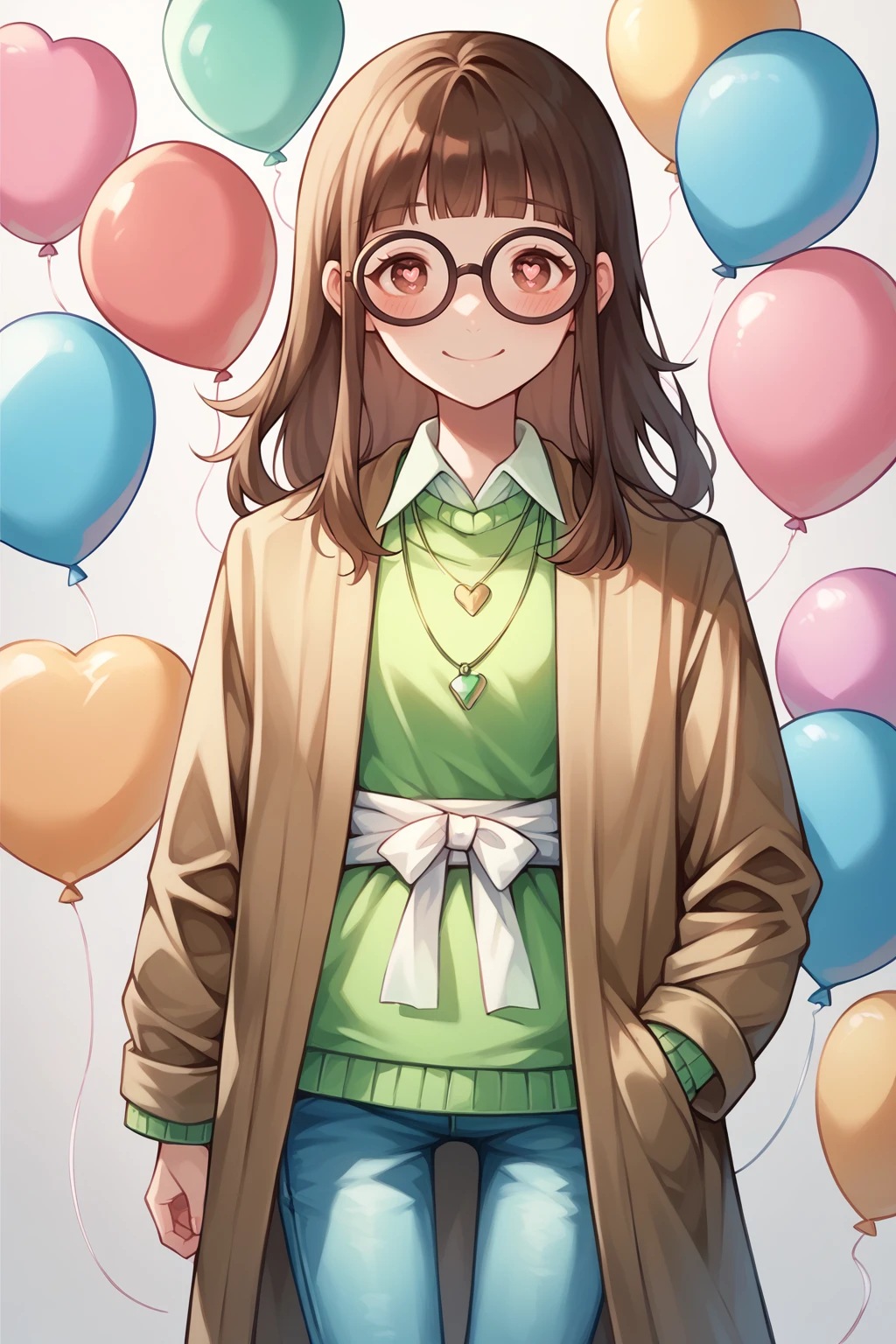 score_9, score_8_up, 1girl, solo,<lora:NSAlicePortia:1> NSAlicePortia, brown hair, long hair, brown eyes, blunt bangs, glasses, brown coat, green sweater, necklace, white collared shirt, jeans, cowboy shot, white sash, necklace, long sleeves, heart balloon, heart-shaped pupils, slight smile, blush