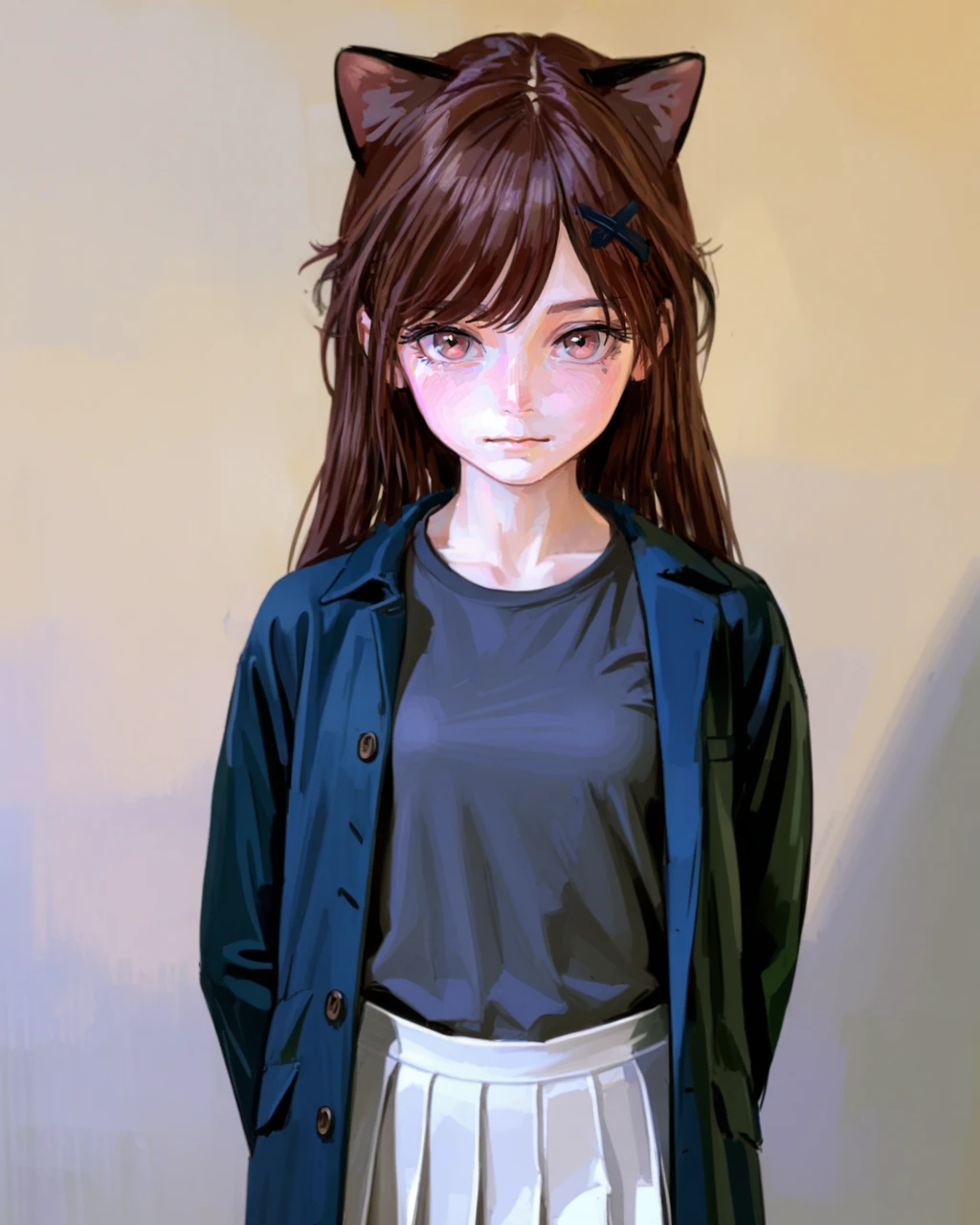 masterpiece,best quality,4K,8K,teenage,oil painting \(medium\),fkey70,
1girl,solo,arm behind back,arms at sides,looking at viewer,
standing,brown hair,black hair,
long hair,grey eyes,
hairclip,hair ribbon,
grey shirt,black jacket,open jacket,white pleated skirt,
cat ears,
simple background,
upper body,