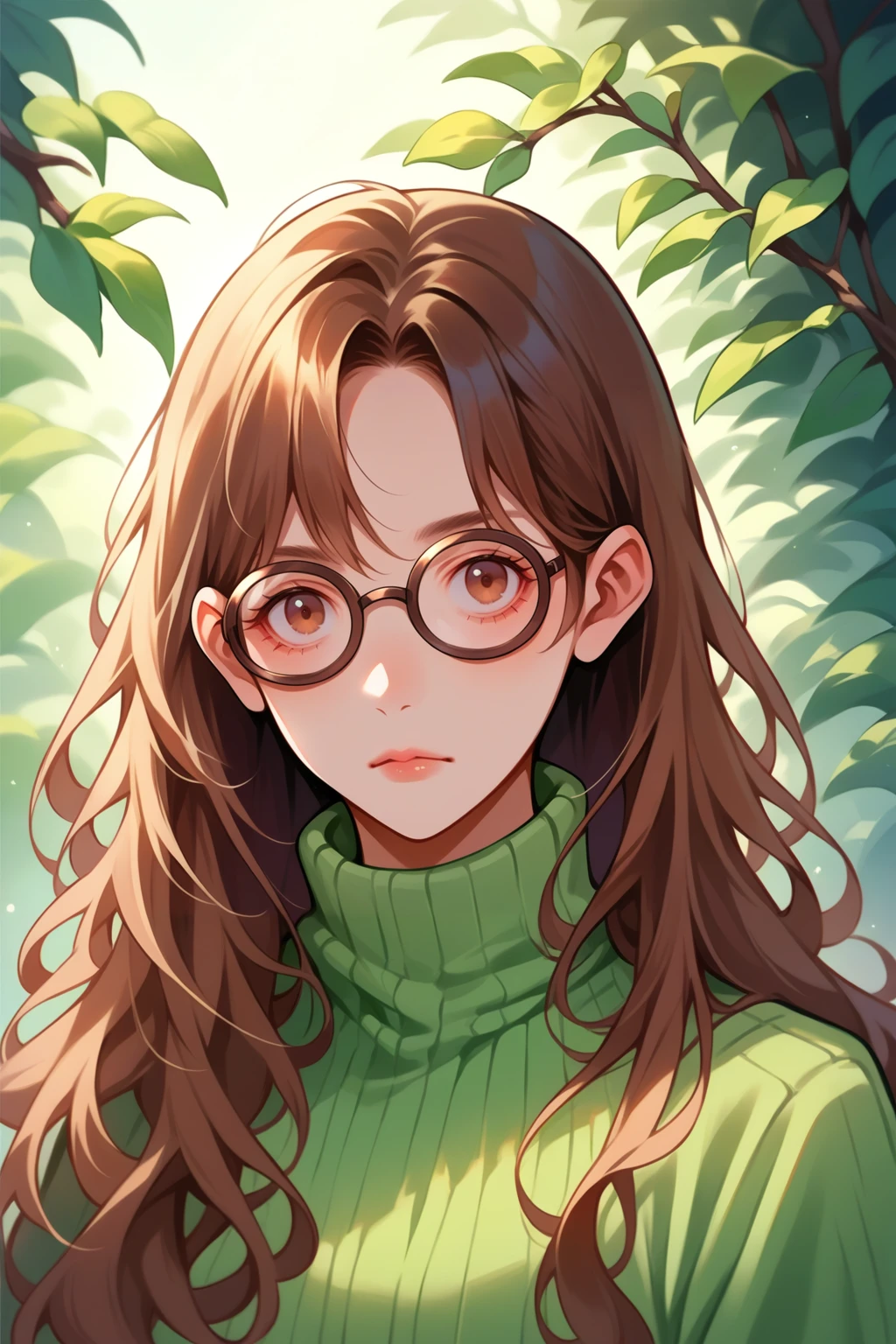 score_9, score_8_up, score_7_up, source_anime, 1girl, solo,<lora:NSAlicePortia:1> NSAlicePortia, brown hair, long hair, brown eyes, glasses, green sweater, portrait, looking at the view