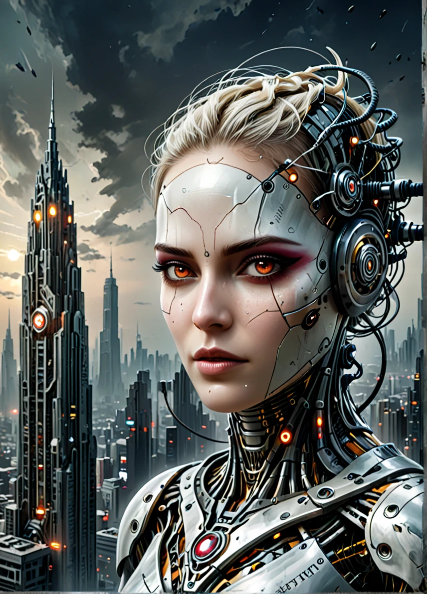 biomechanical cyberpunk zavy-cbrpnk, facing forward and below, from the side, harvest moon at night, moonbeam, mature cybernetic robot scandinavian woman, upper body and from above, from behind and looking back, face focus, mischievous seductive smile, smiling eyes, white hair, dimly glowing mechanical red eyes, thick long eyelashes, futuristic cityscape, on rooftop overlooking city, buildings in the background, <lora:zavy-cbrpnk-sdxl:0.6> zavy-cbrpnk, faceplate,   <lora:DarkGrimFantasyXL:0.6> drkms, futuristic 
 <lora:Hyper-SDXL-8steps-lora:1.0> . cybernetics, human-machine fusion, dystopian, organic meets artificial, dark, intricate, highly detailed