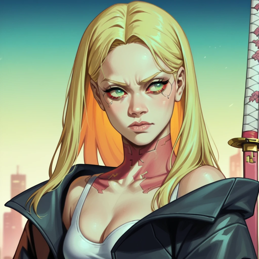 score_9, score_8_up, score_7_up,source_anime, anime 2d, anime screencap, a cyberpunk edgerunners woman with a futuristic katana, with blonde hair and green eyes, face, rixhnna, <lora:rihanna_ponyxl_aut_xl_1_st_wicap_merger_67_73_02_08-rixhnna:1>