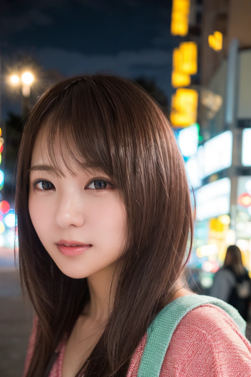 <lora:mion328:0.7>,masterpiece,best quality,1girl,solo,realistic,long hair,photorealistic,ultra detailed,looking to the viewer,upper body,(closeup:1.1),
mion sonoda,City, nighttime, vibrant, energetic, lit up, cosmopolitan,