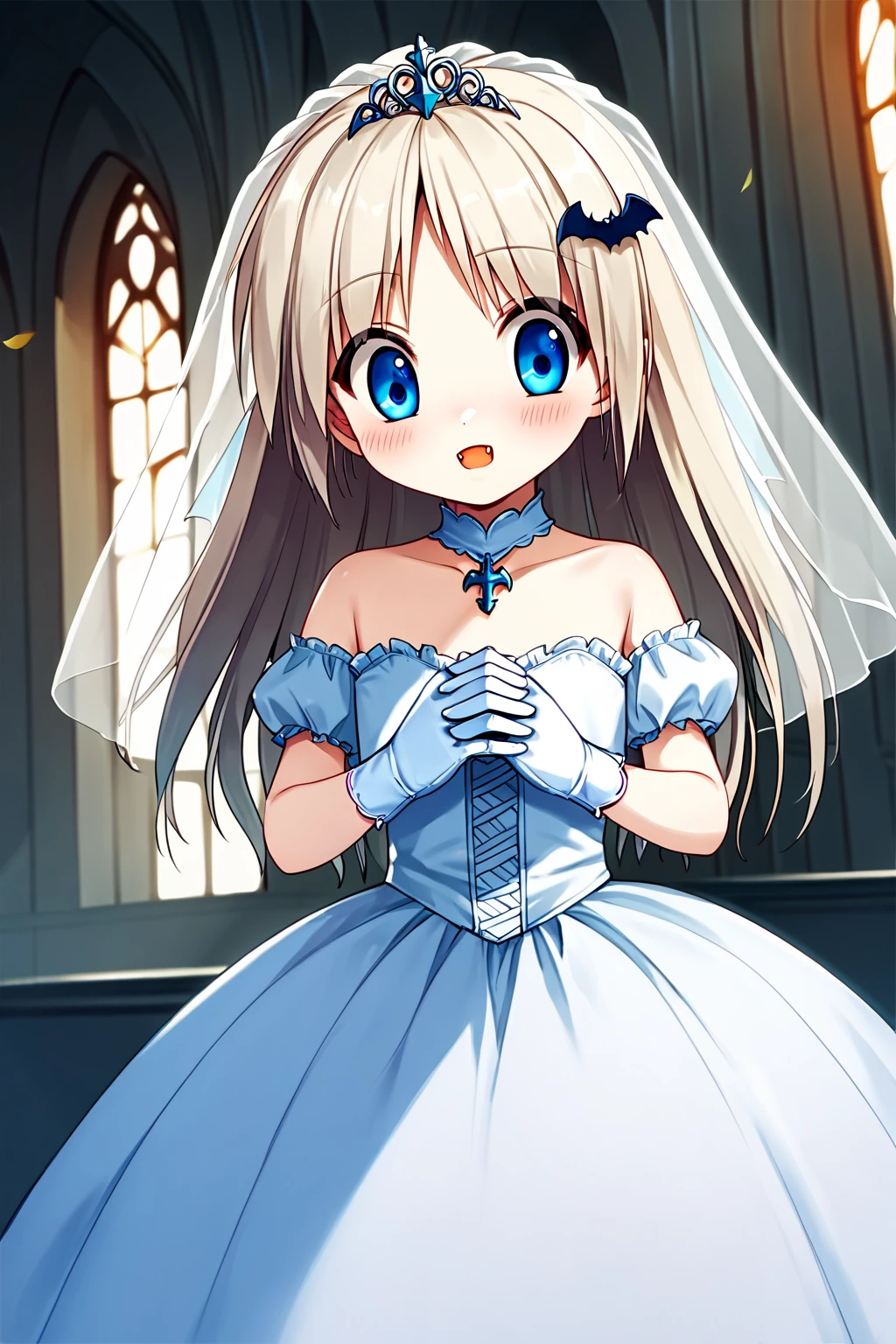 score_9, score_8_up, score_7_up, score_6_up, rating_safe, source_anime, best quality, masterpiece, detailed background, detailed eyes, (dutch angle), church, wedding dress, wedding gloves, surprised, open mouth, fang, blushing, <lora:noumi-kudryavka-xl-05:1>, noumi kudryavka, flatchested, platinum blonde hair, blue eyes, bat_hair_ornament