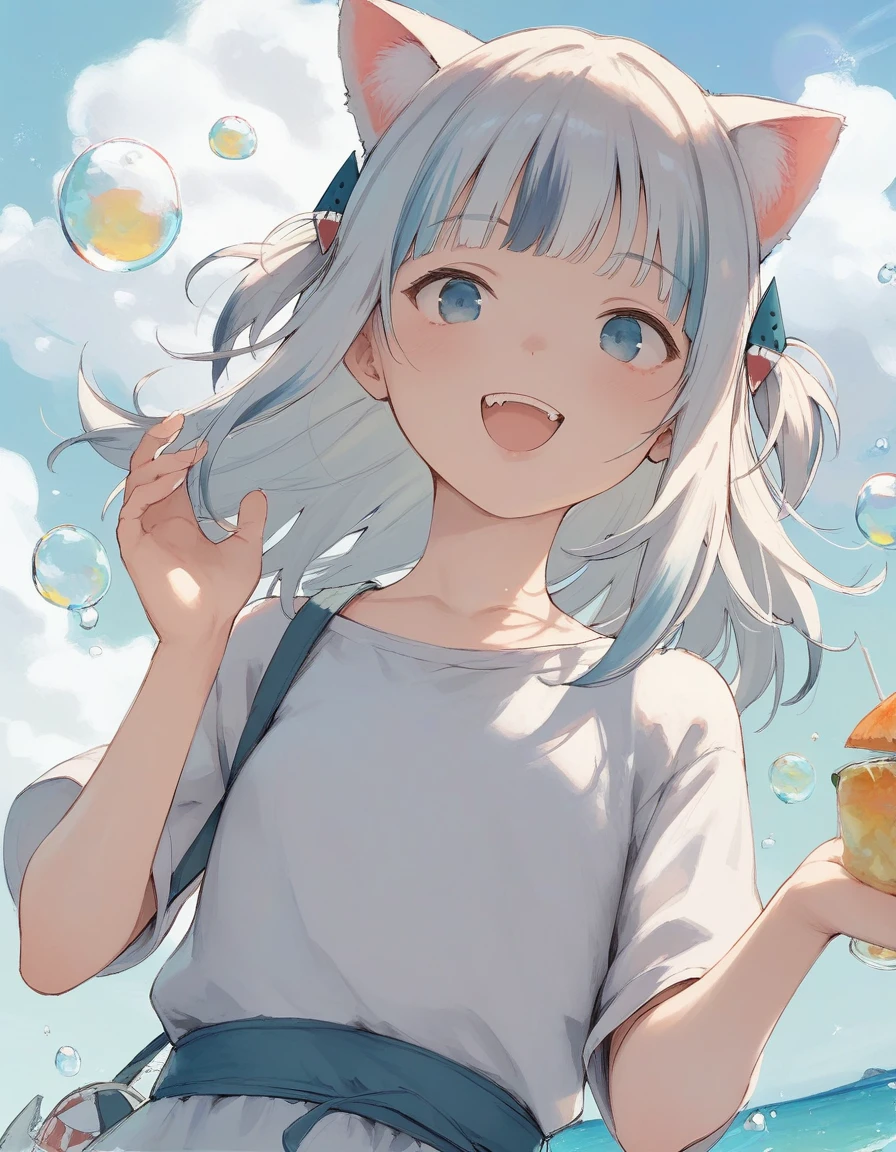 score_9, score_8_up, score_7_up, pitvinm, a girl holding a frappuccino, smile, open mouth, summer, cat ears, dutch angle, bubbles
<lora:otohime_style_pony6_v1:.5>