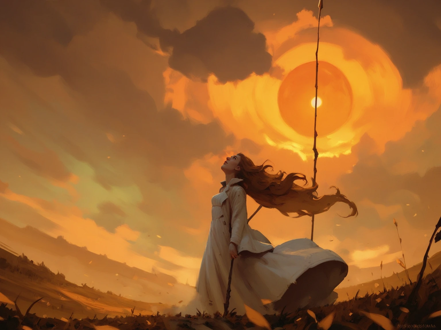 1girl, blue eyes, bare tree, cloud, coat, field, fog, from side, long hair, looking up, orange theme, outdoors, holding polearm, solo, standing, sun, white dress, <lora:AFTmerge:0.8>, score_9, score_8_up, score_7_up, score_6_up