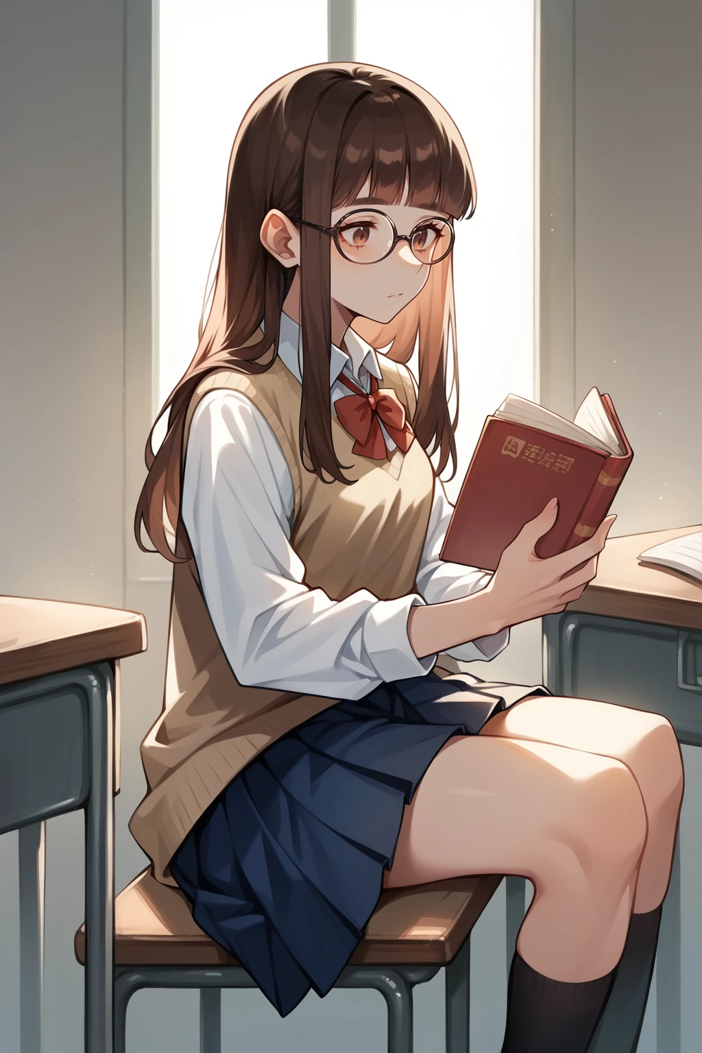 score_9, score_8_up, 1girl, solo,<lora:NSAlicePortia:1> NSAlicePortia, brown hair, long hair, brown eyes, blunt bangs, glasses, school uniform, sitting, indoors, reading