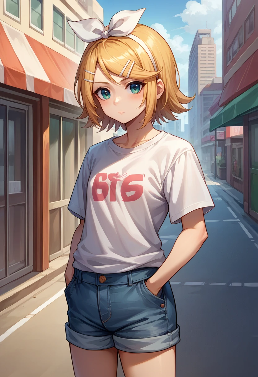 score_9, score_8_up, source_anime, 1girl, solo, KagamineRin, short hair, hairclip, white hairband, hair bow, t-shirt, denim shorts, standing, outdoors, city, hands in pockets, <lora:ChamKagamineRinPonyXL:1>