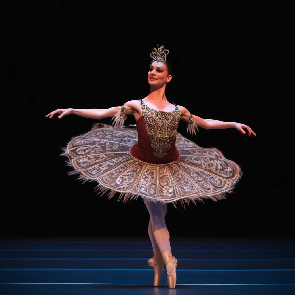 Full body Photograph of Brunette dancer wearing Bal_co, platter tutu, Paquita, hairpiece, Abaresque, stage performance